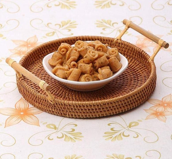 Rattan Round Basket Serving Tray Decor Trays