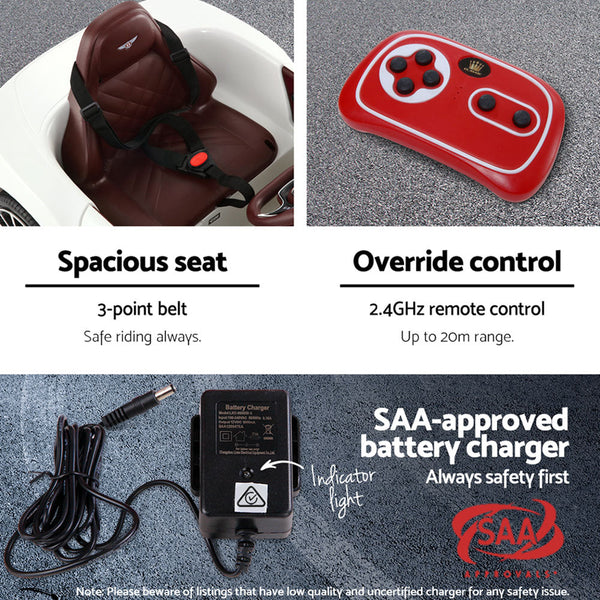 Rigo Kids Bentley Ride On Car Licensed Electric Toys 12V Battery Remote Cars White Kids Ride On Toys