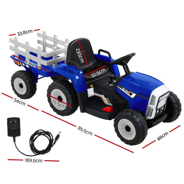 Rigo Kids Ride On Car Tractor Trailer Toy Electric Cars 12V Battery Blue Kids Ride On Toys