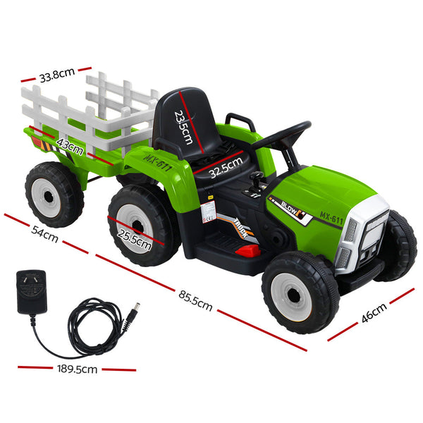 Rigo Kids Ride On Car Tractor Trailer Toy Electric Cars 12V Battery Green Kids Ride On Toys