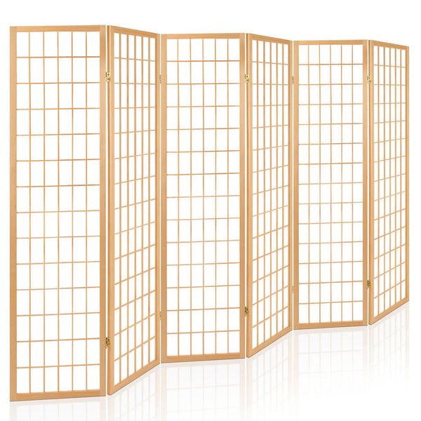 Artiss Room Divider Screen Wood Timber Dividers Fold Stand Wide Beige 6 Panel Screens & Room Dividers