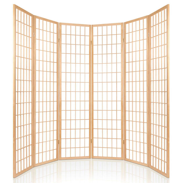 Artiss Room Divider Screen Wood Timber Dividers Fold Stand Wide Beige 6 Panel Screens & Room Dividers