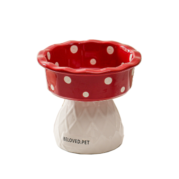 Red Adorable Mushroom Ceramic Elevated Cat Bowl Anti Vomiting & Spine Protecting Pet Feeder With Polka Dots Dishes Feeders & Fountains