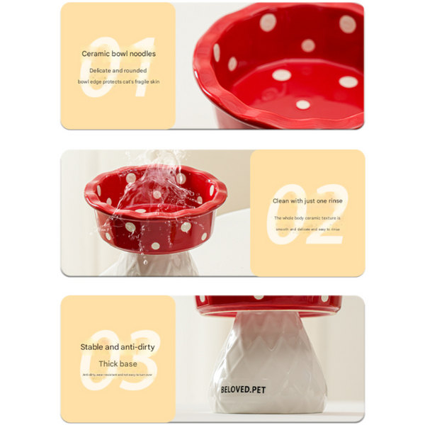 Red Adorable Mushroom Ceramic Elevated Cat Bowl Anti Vomiting & Spine Protecting Pet Feeder With Polka Dots Dishes Feeders & Fountains