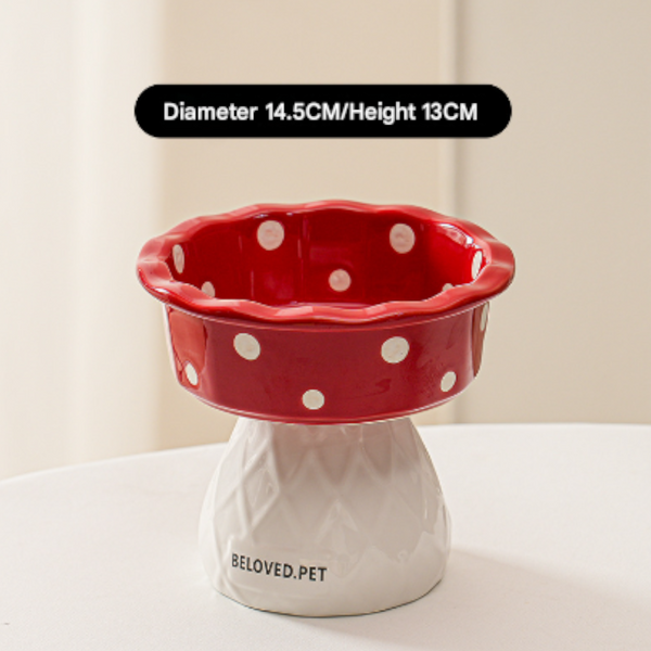 Red Adorable Mushroom Ceramic Elevated Cat Bowl Anti Vomiting & Spine Protecting Pet Feeder With Polka Dots Dishes Feeders & Fountains