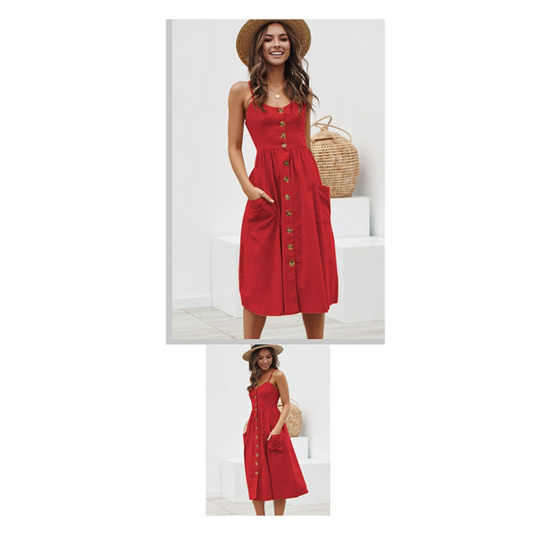 Red Boho Cotton Casual Midi Sundress Women Summer Dress