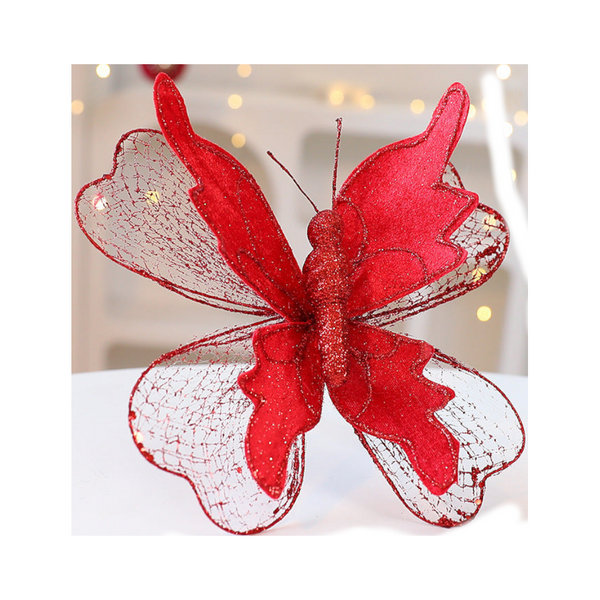Red Large Glitter Butterfly Christmas Ornaments (Set Of 2) Clip On Decorations For Trees & Wreaths Seasonal Decorations