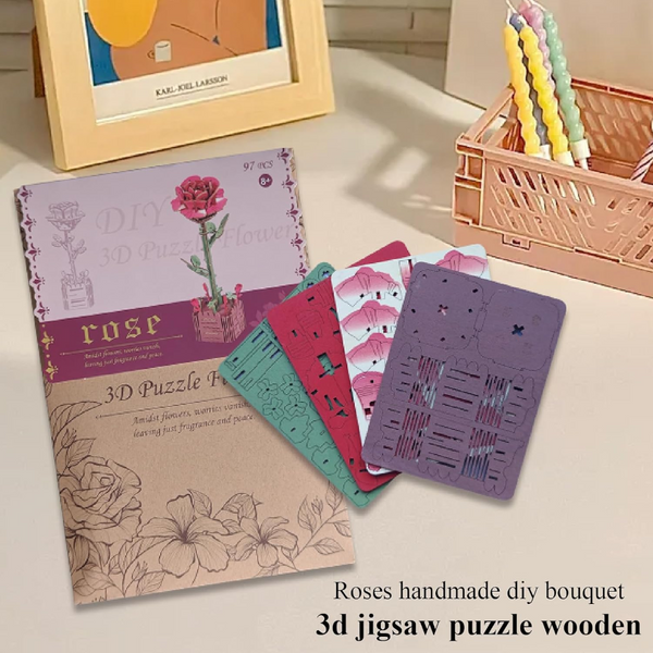 Red Rose Diy 3D Wooden Flower Puzzle Toy Educational Kids' Assembly Set Puzzles