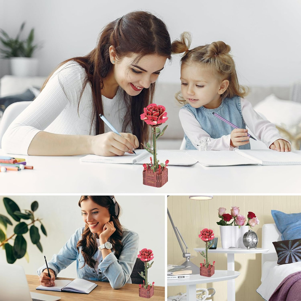 Red Rose Diy 3D Wooden Flower Puzzle Toy Educational Kids' Assembly Set Puzzles