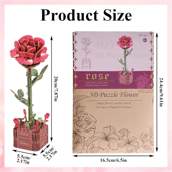 Red Rose Diy 3D Wooden Flower Puzzle Toy Educational Kids' Assembly Set Puzzles