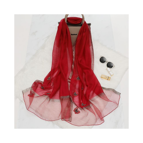 Elegant Butterfly Embroidered Scarf Shawl Large Soft Silk Blend Wrap For Women(Red) Scarves & Wraps