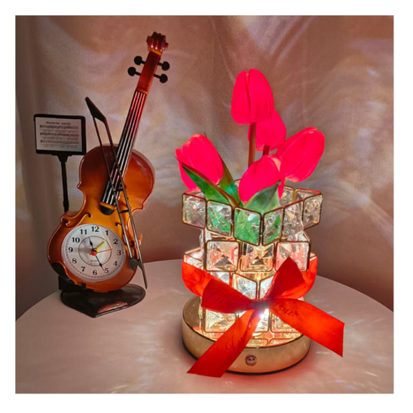 Red Elegant Crystal Tulip Led Night Light Rechargeable Touch Lamp With 3 Colors & Dimming Lamps