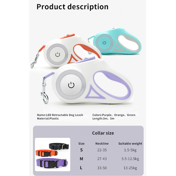 Retractable Nylon Dog Leash Luminous Light Safe Pet Walking Leads & Head Collars