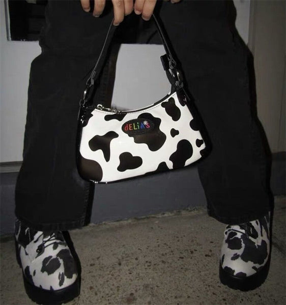 Retro Cow Pattern Women Messenger Handbags Pu Leather Street Casual Solid Zipper Shoulder Bags