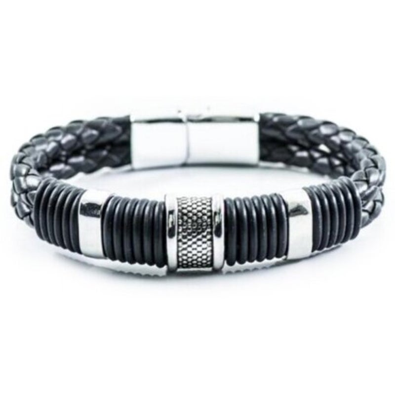 Veile Studios Retro Fashion Personality Double Woven Leather Bracelet Stainless Steel Mag Net Buckle Silver Bracelets