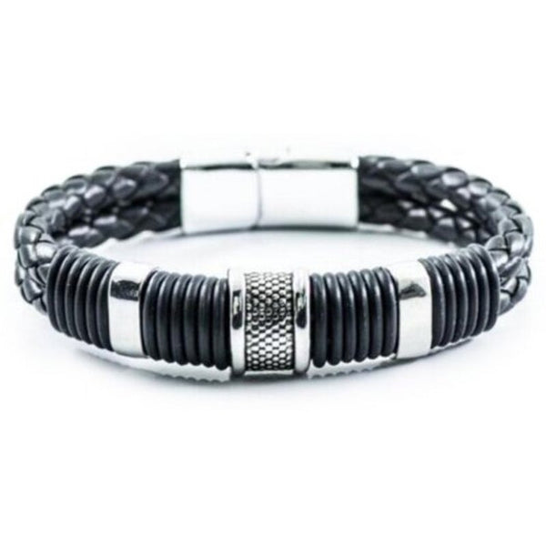 Veile Studios Retro Fashion Personality Double Woven Leather Bracelet Stainless Steel Mag Net Buckle Silver Bracelets