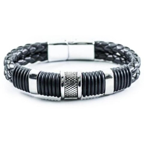 Retro Fashion Personality Double Woven Leather Bracelet Stainless Steel Magnet Buckle Silver