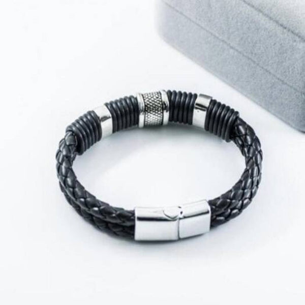 Veile Studios Retro Fashion Personality Double Woven Leather Bracelet Stainless Steel Mag Net Buckle Silver Bracelets