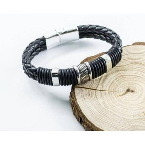 Veile Studios Retro Fashion Personality Double Woven Leather Bracelet Stainless Steel Mag Net Buckle Silver Bracelets