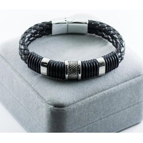 Veile Studios Retro Fashion Personality Double Woven Leather Bracelet Stainless Steel Mag Net Buckle Silver Bracelets