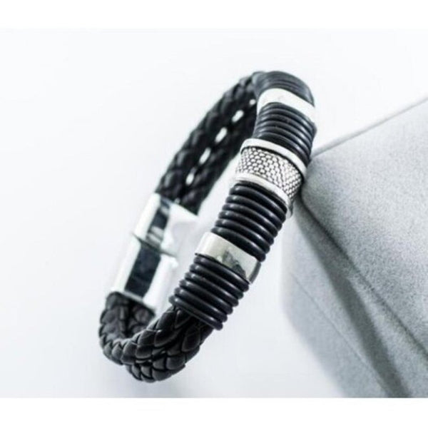 Veile Studios Retro Fashion Personality Double Woven Leather Bracelet Stainless Steel Mag Net Buckle Silver Bracelets