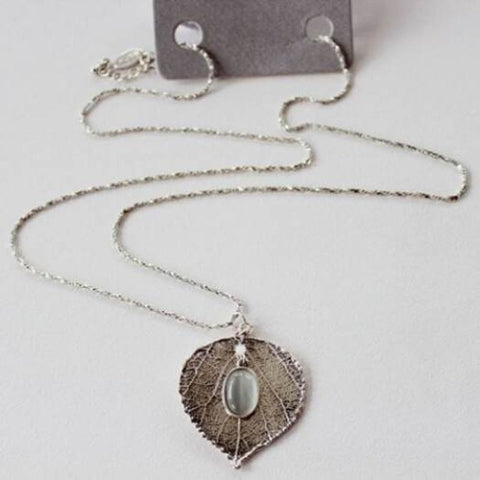Retro Leaf Faux Opal Pendant Necklace Silver