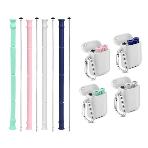 Reusable Silicone Collapsible Straws 2 Pack Drinking With Carrying Case Cleaning Brush Bpa Free Gray Straws & Stirrers