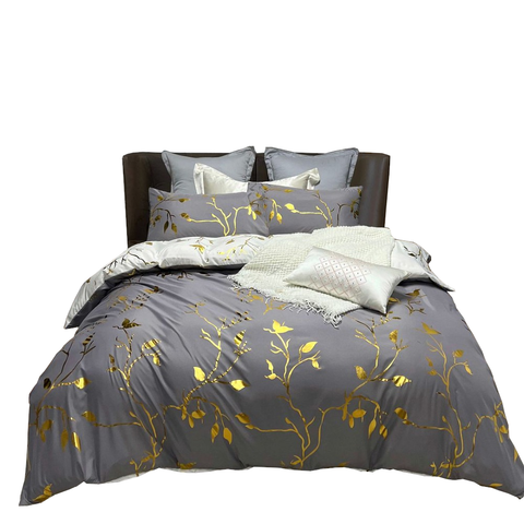 Reversible Design Leaves Grey Super King Size Bed Quilt/Duvet Cover Set