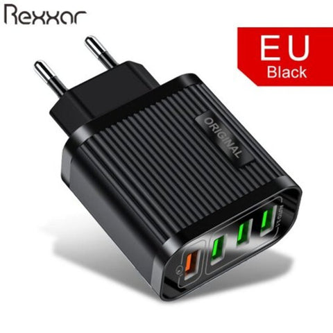 Rexxar 4 Usb Fireproof Pc Abs 3.1A Quick Charging 3.0 Wall For Iphone Xiaomi Samsung Black