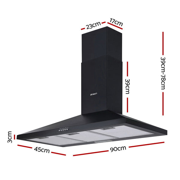 Devanti Range Hood Rangehood 90Cm 900Mm Kitchen Canopy Led Light Wall Mount Black Rangehoods