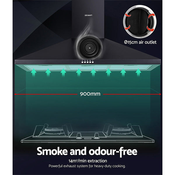 Devanti Range Hood Rangehood 90Cm 900Mm Kitchen Canopy Led Light Wall Mount Black Rangehoods