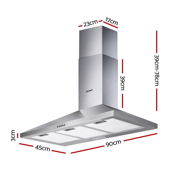Devanti Range Hood 90Cm 900Mm Kitchen Canopy Stainless Steel Rangehood Wall Mount Rangehoods