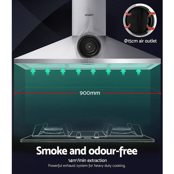 Devanti Range Hood 90Cm 900Mm Kitchen Canopy Stainless Steel Rangehood Wall Mount Rangehoods