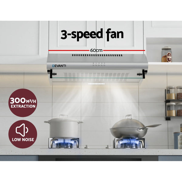 Devanti 600Mm Range Hood 60Cm Rangehood Kitchen Canopy Led Light Stainless Steel Rangehoods