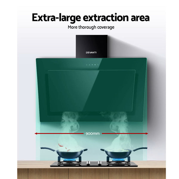 Devanti Rangehood 900Mm Black Angled Side Draft Hood Canopy Glass 90Cm Rangehoods