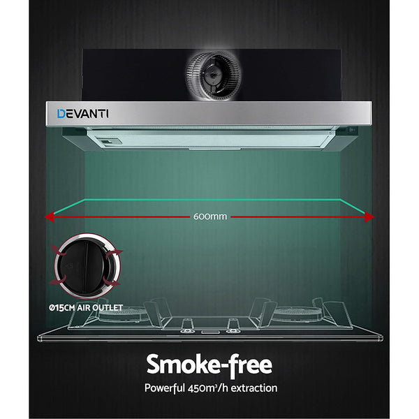 Devanti Rangehood Hood Stainless Steel Slide Out Kitchen Canopy 60Cm 600Mm Black Rangehoods