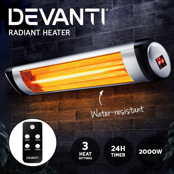 Devanti Electric Radiant Heater Patio Strip Heaters Infrared Indoor Outdoor Remote Control 2000W Patio Heaters