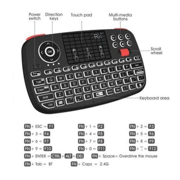 Rii I4 Mini Bluetooth Keyboard 2.4Ghz Dual Modes Handheld Fingerboard Backlit Usblack