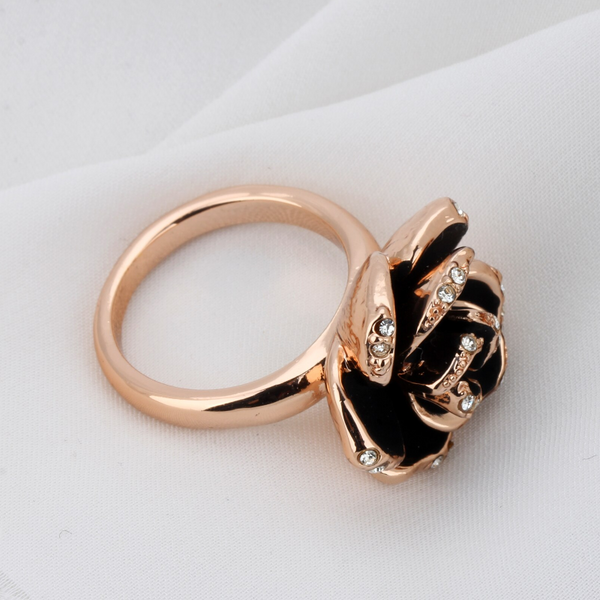 Veile Studios Elegant Black Rose Shaped Crystal Women Gold Jewellery Rings