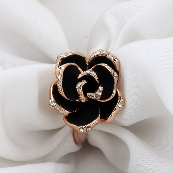 Veile Studios Elegant Black Rose Shaped Crystal Women Gold Jewellery Rings