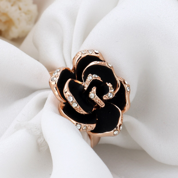 Veile Studios Elegant Black Rose Shaped Crystal Women Gold Jewellery Rings