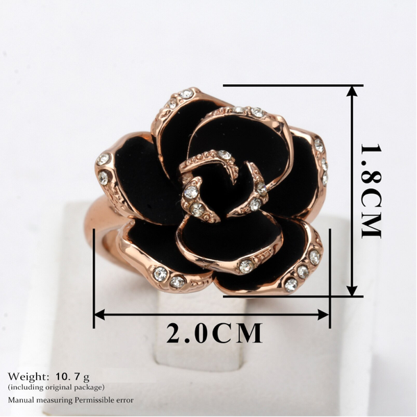 Veile Studios Elegant Black Rose Shaped Crystal Women Gold Jewellery Rings