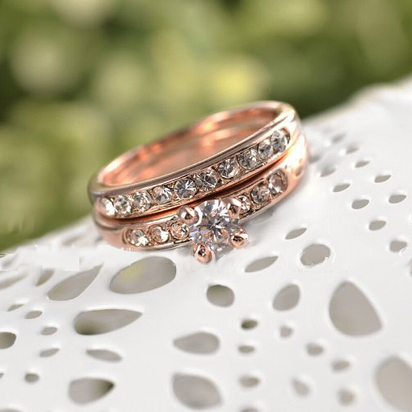 Veile Studios Gold Colour Two Ring Set Big Stone Zircon Crystal Statement Jewelry Rings