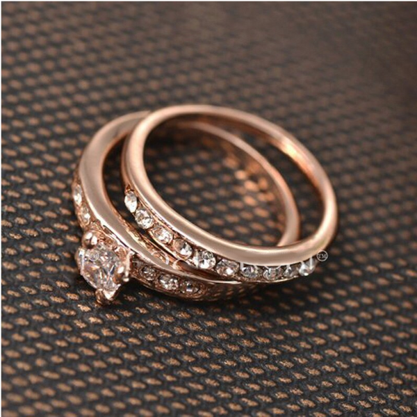 Veile Studios Gold Colour Two Ring Set Big Stone Zircon Crystal Statement Jewelry Rings