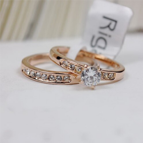 Veile Studios Gold Colour Two Ring Set Big Stone Zircon Crystal Statement Jewelry Rings