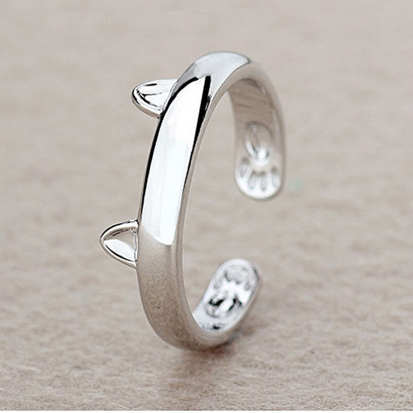 Veile Studios Women Exquisite Cat Ears Open Bracelet 925 Sterling Silver Simple Cute Design Opening Finger Rings