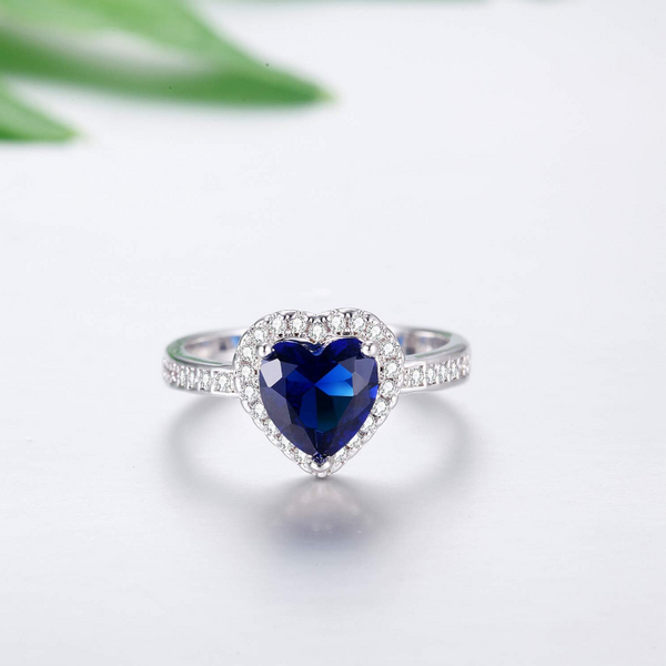Women Silver Ocean Blue Heart Cubic Zirconia Jewelry Bridal Wedding Engagement Ring