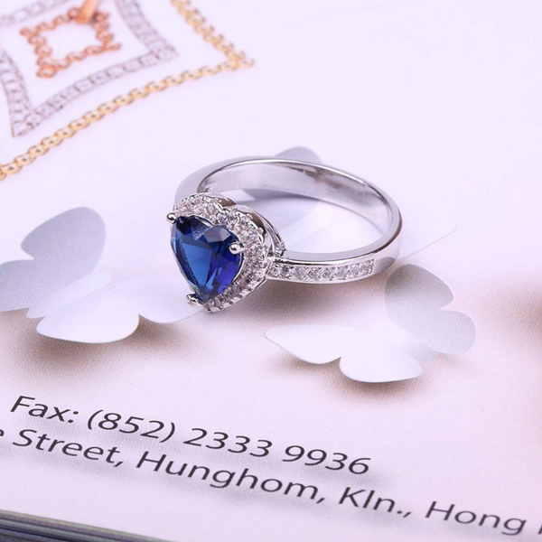 Women Silver Ocean Blue Heart Cubic Zirconia Jewelry Bridal Wedding Engagement Ring