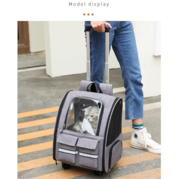 Grey 3 In 1 Pet Carrier: Rolling Backpack With Collapsible Design Pet Transport