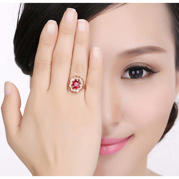 Rose Gold Plated Colourful Flower Ring With Red Stone